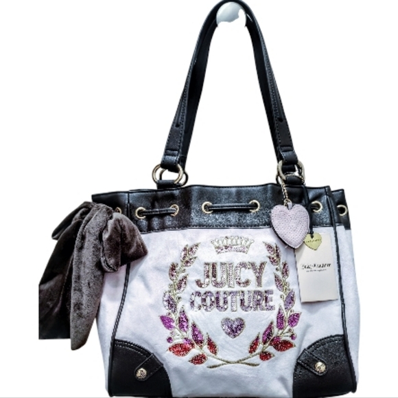 *Juicy Couture* DAYDREAMER *BLING* LOGO Black Pink Lilac With A Bow Tote🩷💜🖤 - Picture 8 of 12